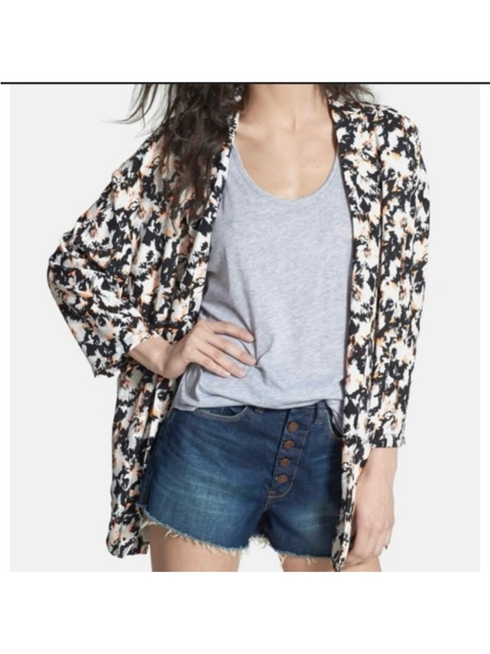 ASTR Black Oversized Blazer Jacket Open Style Beige Floral Print